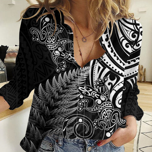 New Zealand Lizard Women Casual Shirt Silver Fern Aotearoa Maori