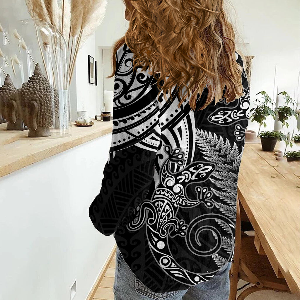 New Zealand Lizard Women Casual Shirt Silver Fern Aotearoa Maori
