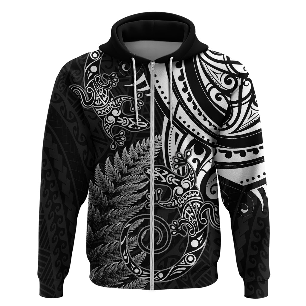 New Zealand Lizard Zip Hoodie Silver Fern Aotearoa Maori
