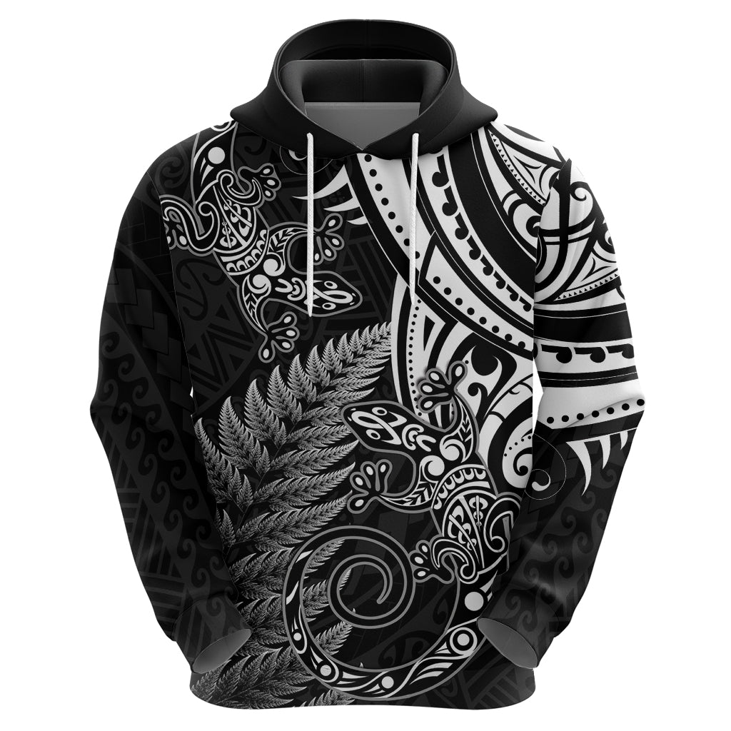 New Zealand Lizard Zip Hoodie Silver Fern Aotearoa Maori