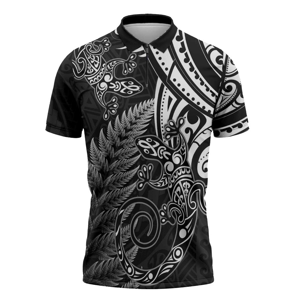 New Zealand Lizard Zipper Polo Shirt Silver Fern Aotearoa Maori - Aussie Hoodie