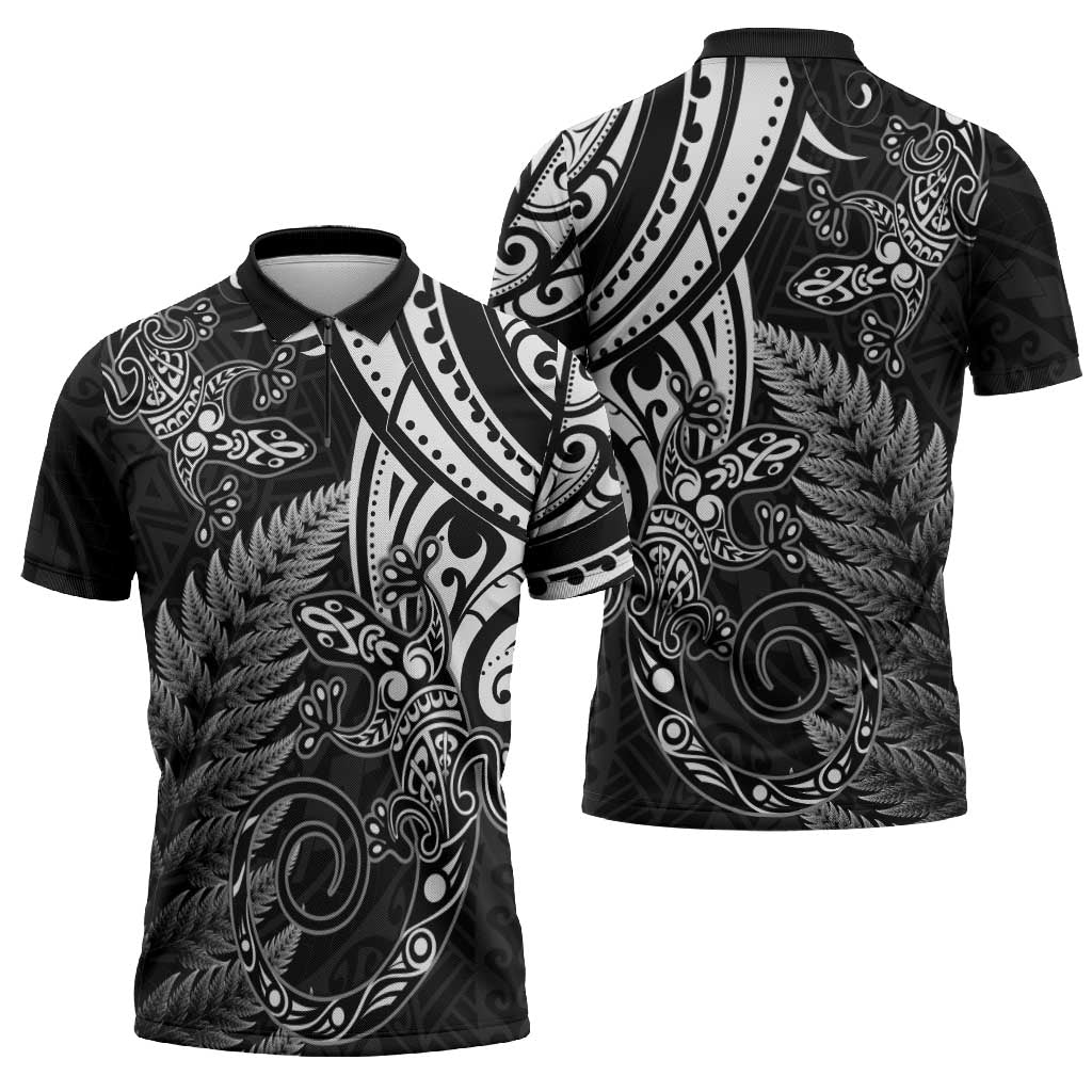New Zealand Lizard Zipper Polo Shirt Silver Fern Aotearoa Maori - Aussie Hoodie