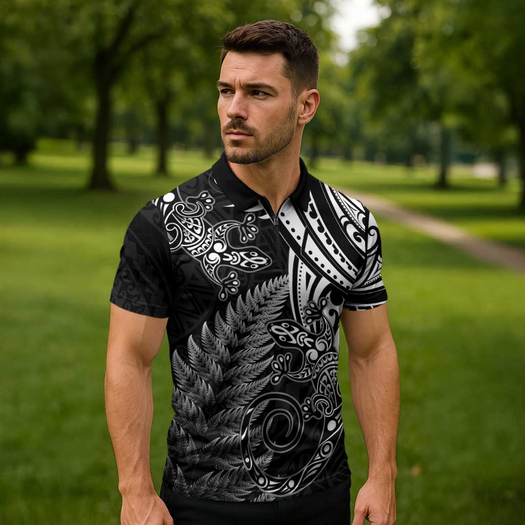 New Zealand Lizard Zipper Polo Shirt Silver Fern Aotearoa Maori - Aussie Hoodie