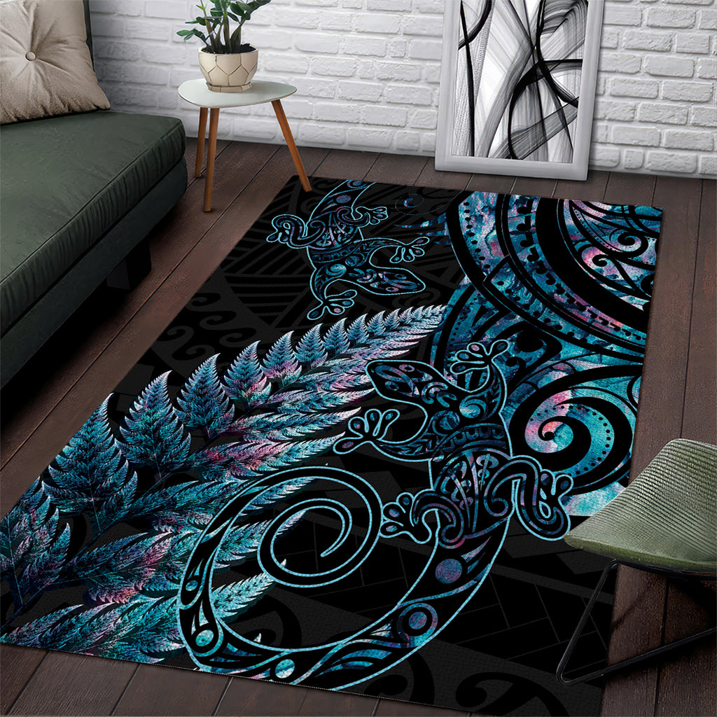 New Zealand Lizard Area Rug Silver Fern Aotearoa Maori With Paua Shell
