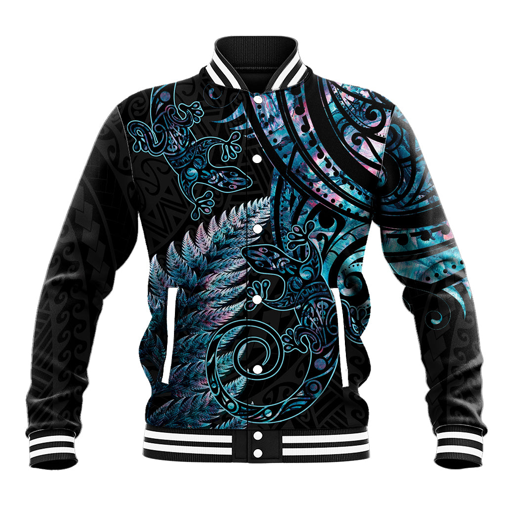 New Zealand Lizard Baseball Jacket Silver Fern Aotearoa Maori With Paua Shell