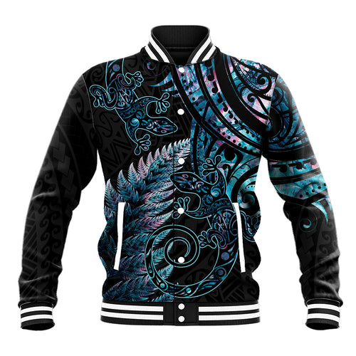New Zealand Lizard Baseball Jacket Silver Fern Aotearoa Maori With Paua Shell