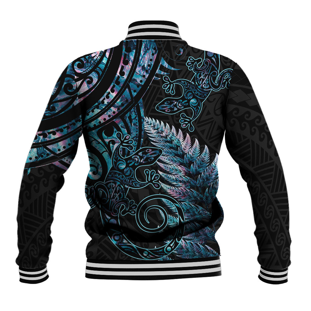 New Zealand Lizard Baseball Jacket Silver Fern Aotearoa Maori With Paua Shell