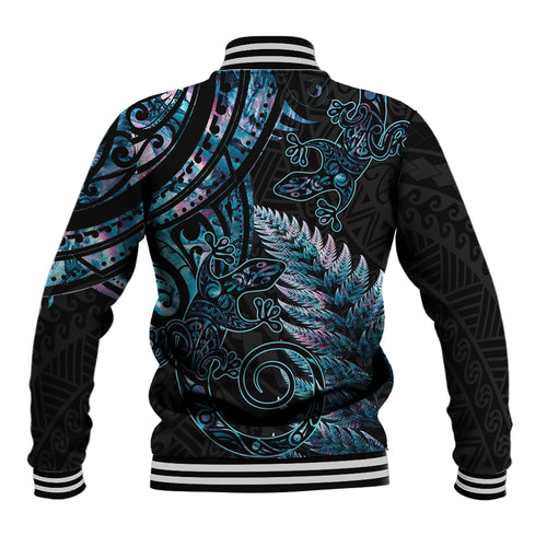 New Zealand Lizard Baseball Jacket Silver Fern Aotearoa Maori With Paua Shell