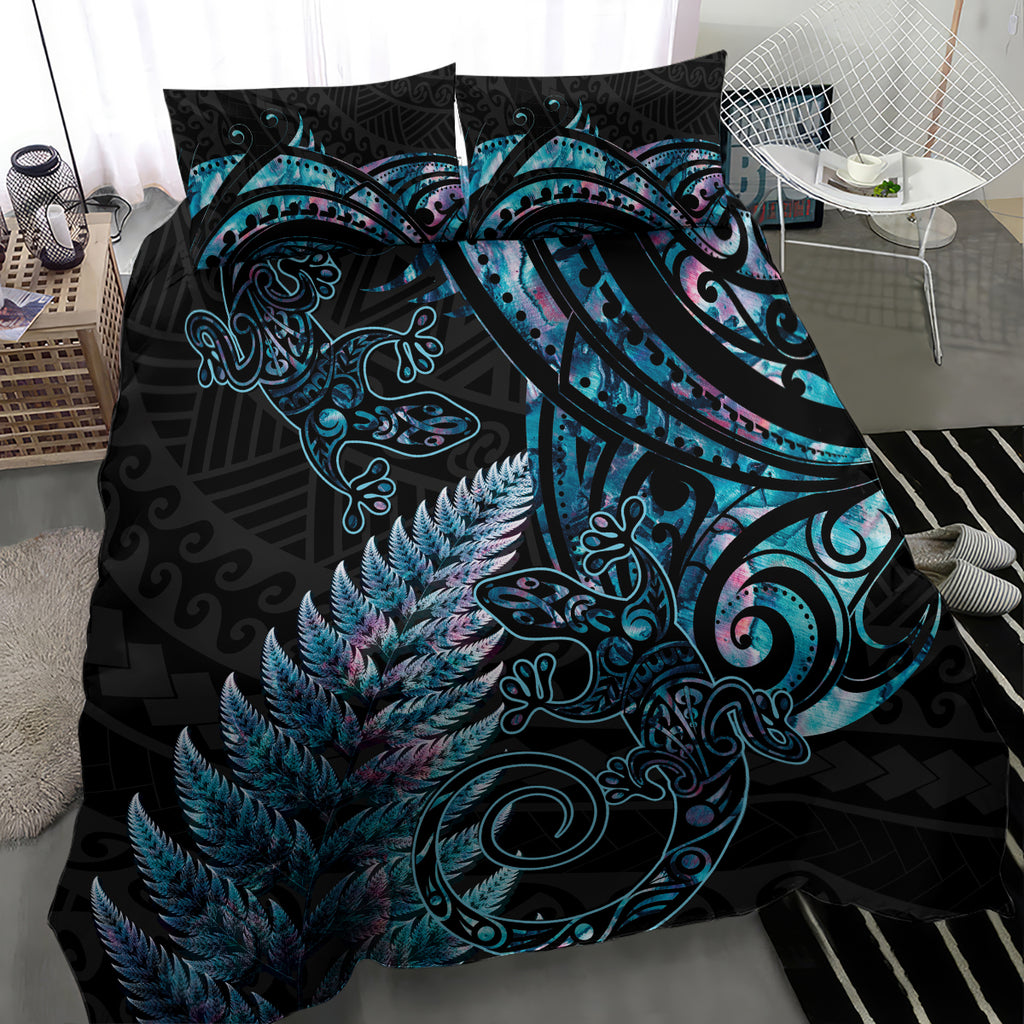 New Zealand Lizard Bedding Set Silver Fern Aotearoa Maori With Paua Shell