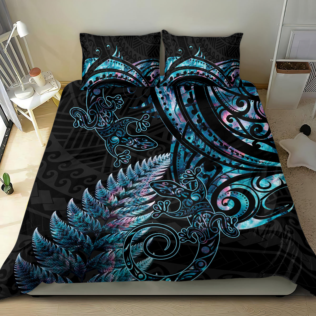 New Zealand Lizard Bedding Set Silver Fern Aotearoa Maori With Paua Shell