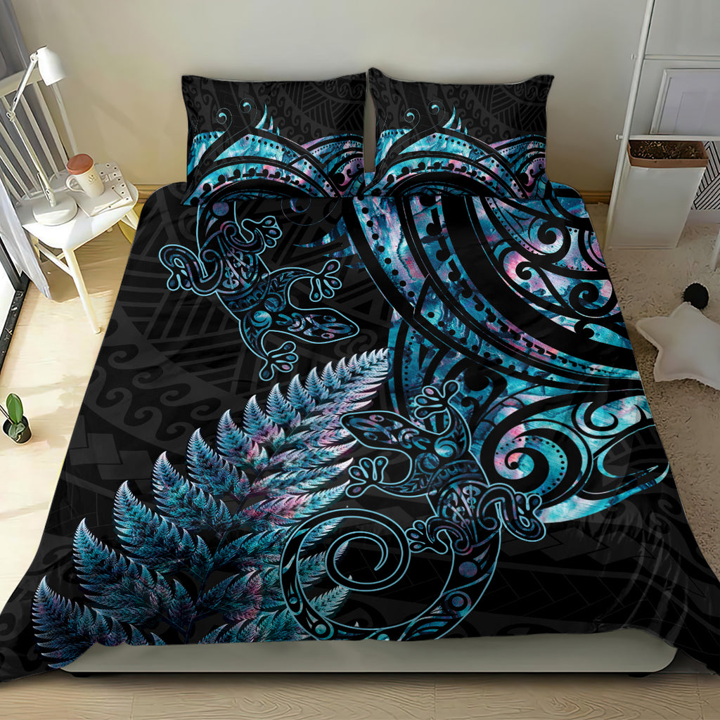 New Zealand Lizard Bedding Set Silver Fern Aotearoa Maori With Paua Shell