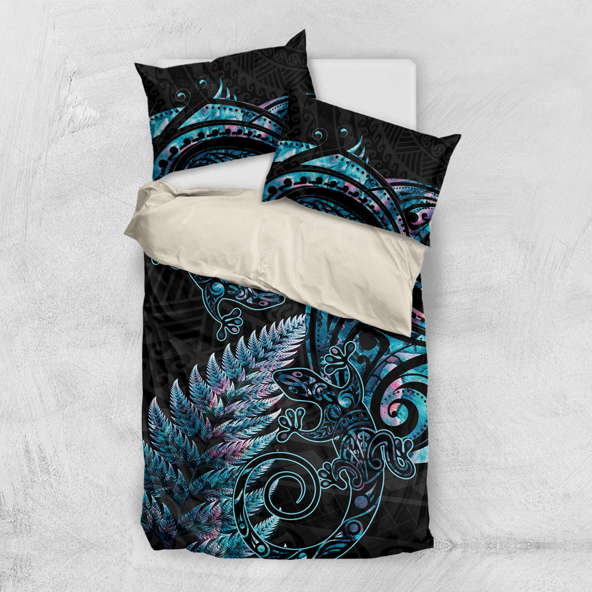 New Zealand Lizard Bedding Set Silver Fern Aotearoa Maori With Paua Shell