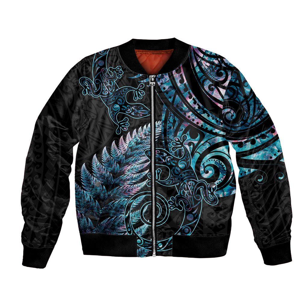 New Zealand Lizard Bomber Jacket Silver Fern Aotearoa Maori With Paua Shell