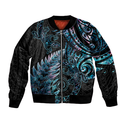 New Zealand Lizard Bomber Jacket Silver Fern Aotearoa Maori With Paua Shell