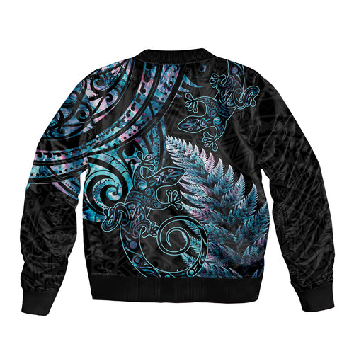 New Zealand Lizard Bomber Jacket Silver Fern Aotearoa Maori With Paua Shell