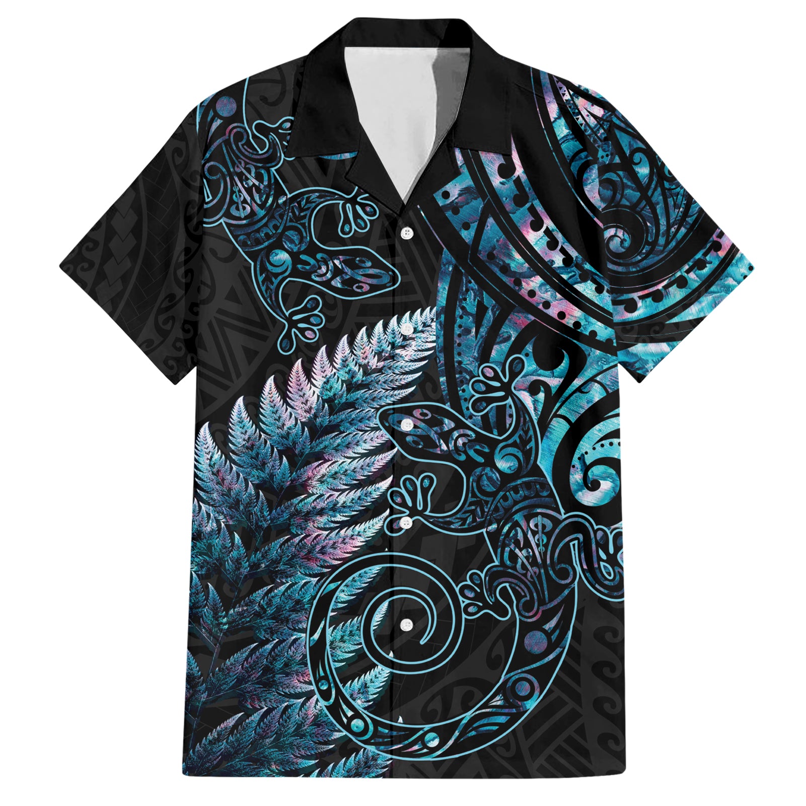 New Zealand Lizard Hawaiian Shirt Silver Fern Aotearoa Maori With Paua Shell