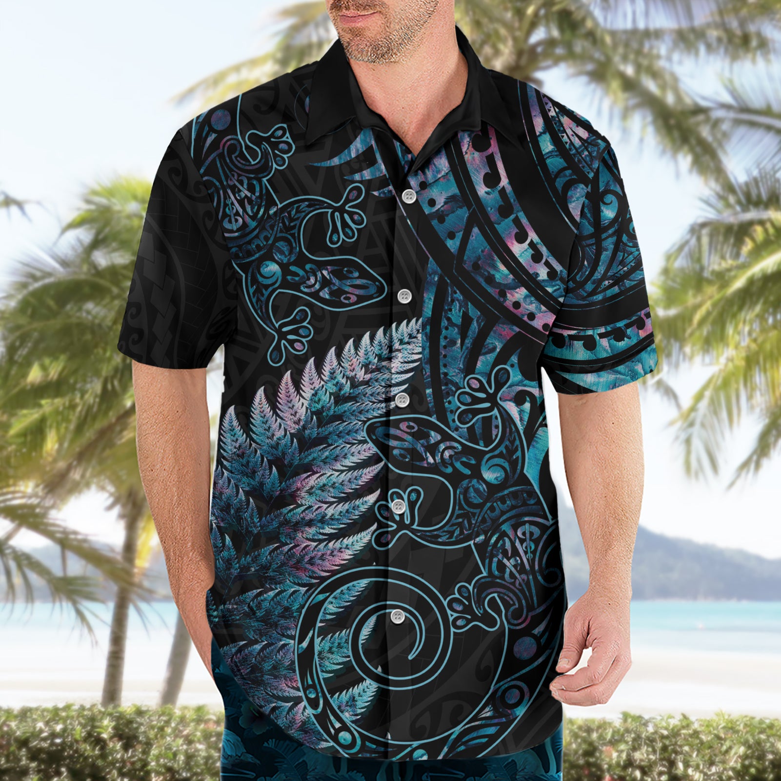 New Zealand Lizard Hawaiian Shirt Silver Fern Aotearoa Maori With Paua Shell