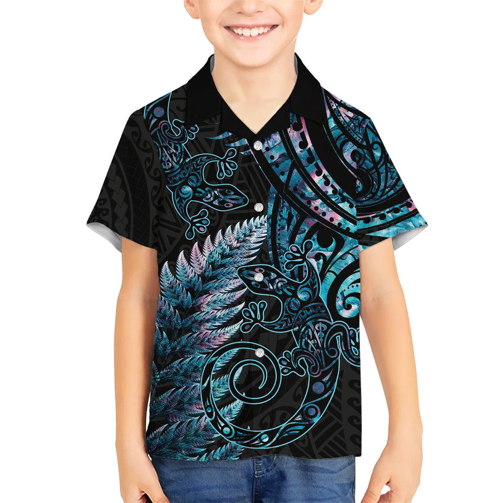 New Zealand Lizard Kid Hawaiian Shirt Silver Fern Aotearoa Maori With Paua Shell