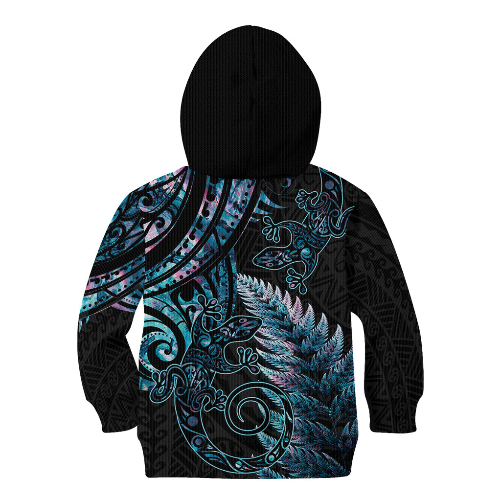 New Zealand Lizard Kid Hoodie Silver Fern Aotearoa Maori With Paua Shell