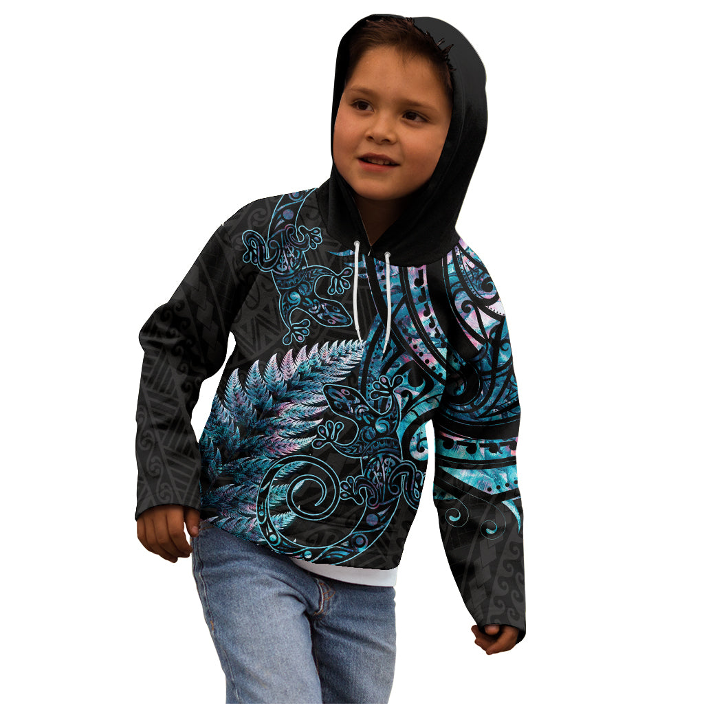 New Zealand Lizard Kid Hoodie Silver Fern Aotearoa Maori With Paua Shell
