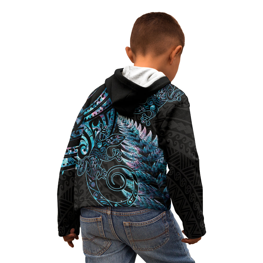 New Zealand Lizard Kid Hoodie Silver Fern Aotearoa Maori With Paua Shell
