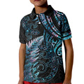 New Zealand Lizard Kid Polo Shirt Silver Fern Aotearoa Maori With Paua Shell