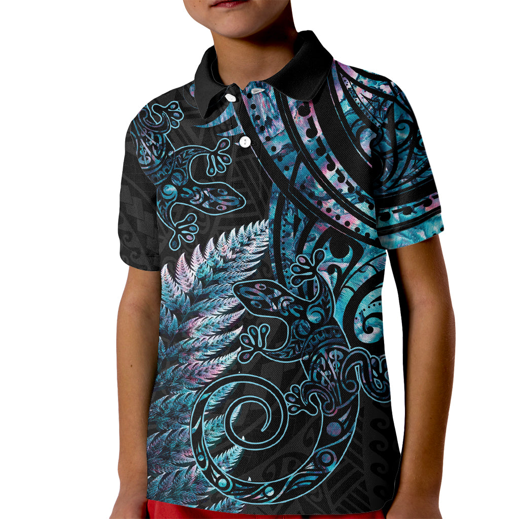 New Zealand Lizard Kid Polo Shirt Silver Fern Aotearoa Maori With Paua Shell