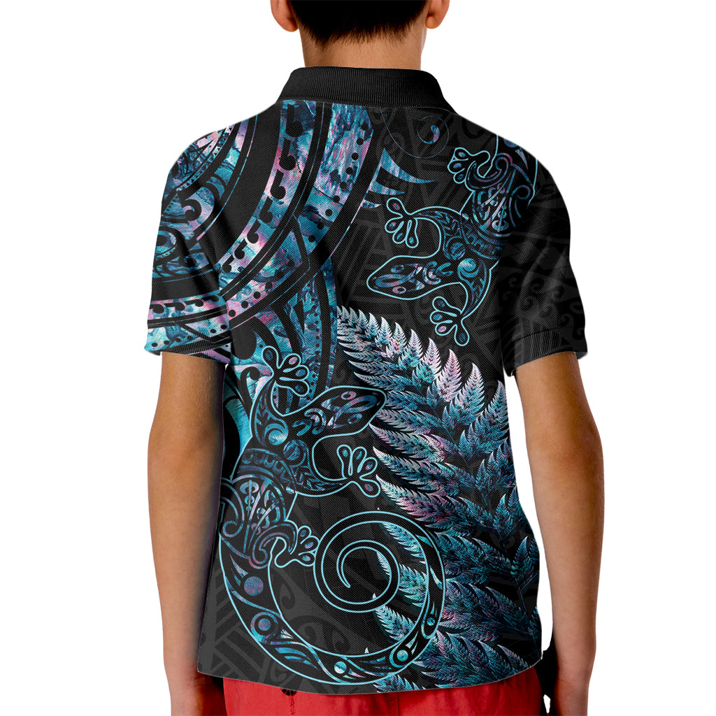 New Zealand Lizard Kid Polo Shirt Silver Fern Aotearoa Maori With Paua Shell