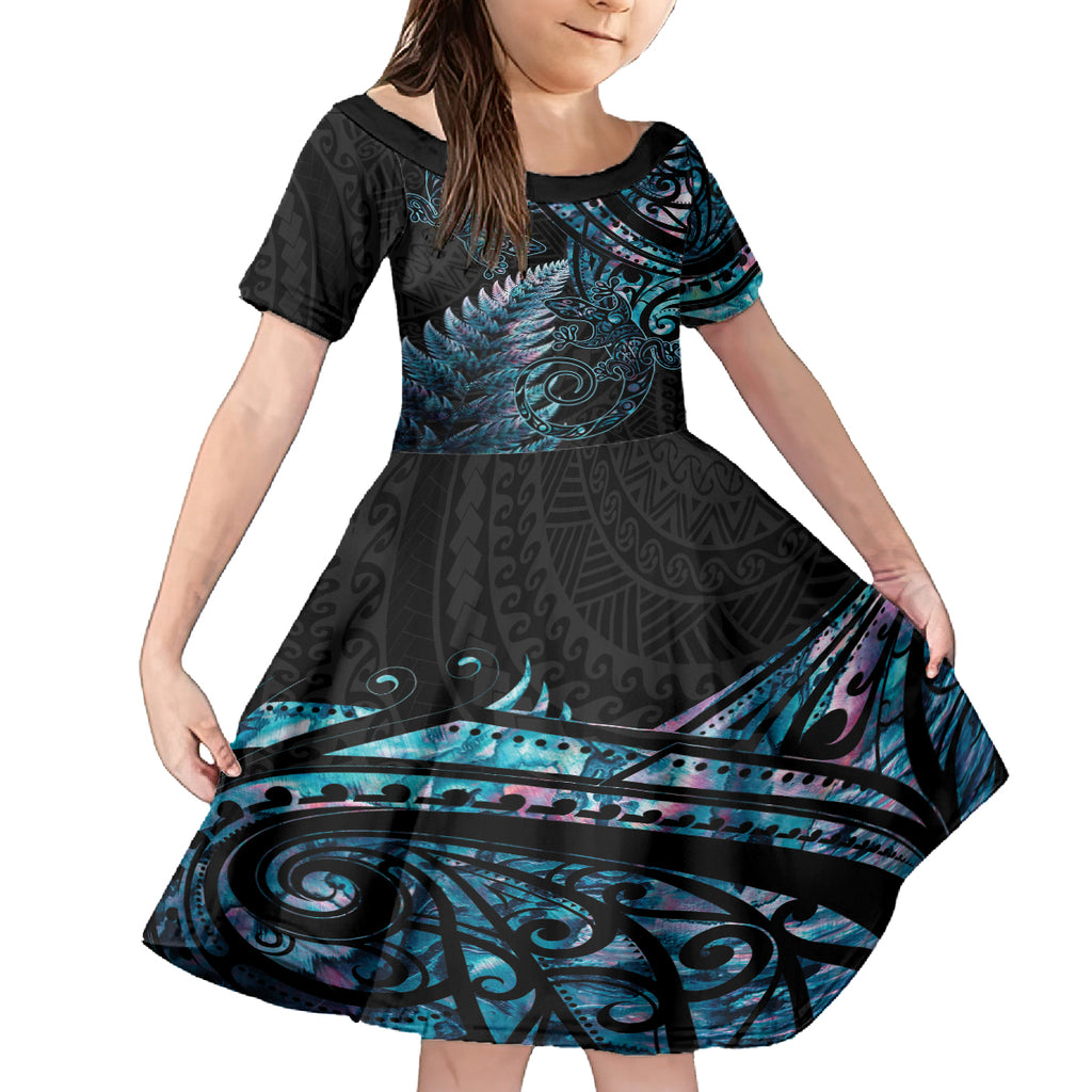 New Zealand Lizard Kid Short Sleeve Dress Silver Fern Aotearoa Maori With Paua Shell
