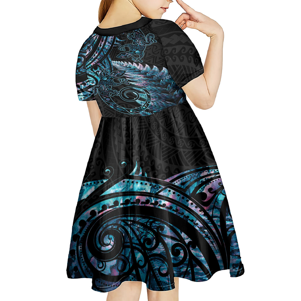 New Zealand Lizard Kid Short Sleeve Dress Silver Fern Aotearoa Maori With Paua Shell