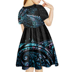 New Zealand Lizard Kid Short Sleeve Dress Silver Fern Aotearoa Maori With Paua Shell
