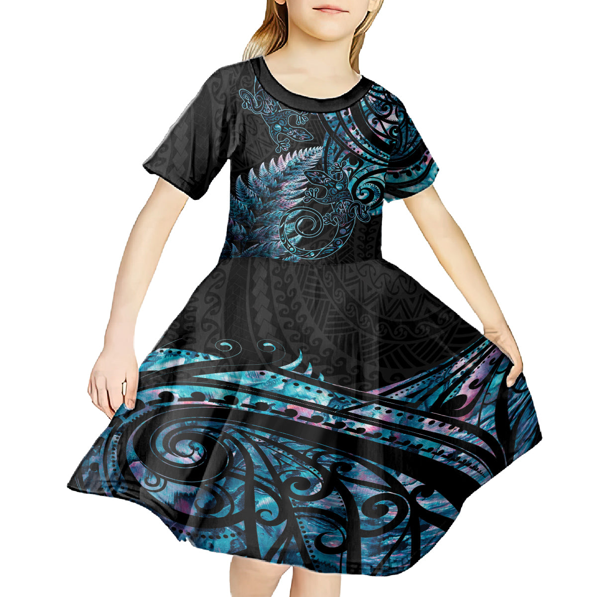 New Zealand Lizard Kid Short Sleeve Dress Silver Fern Aotearoa Maori With Paua Shell