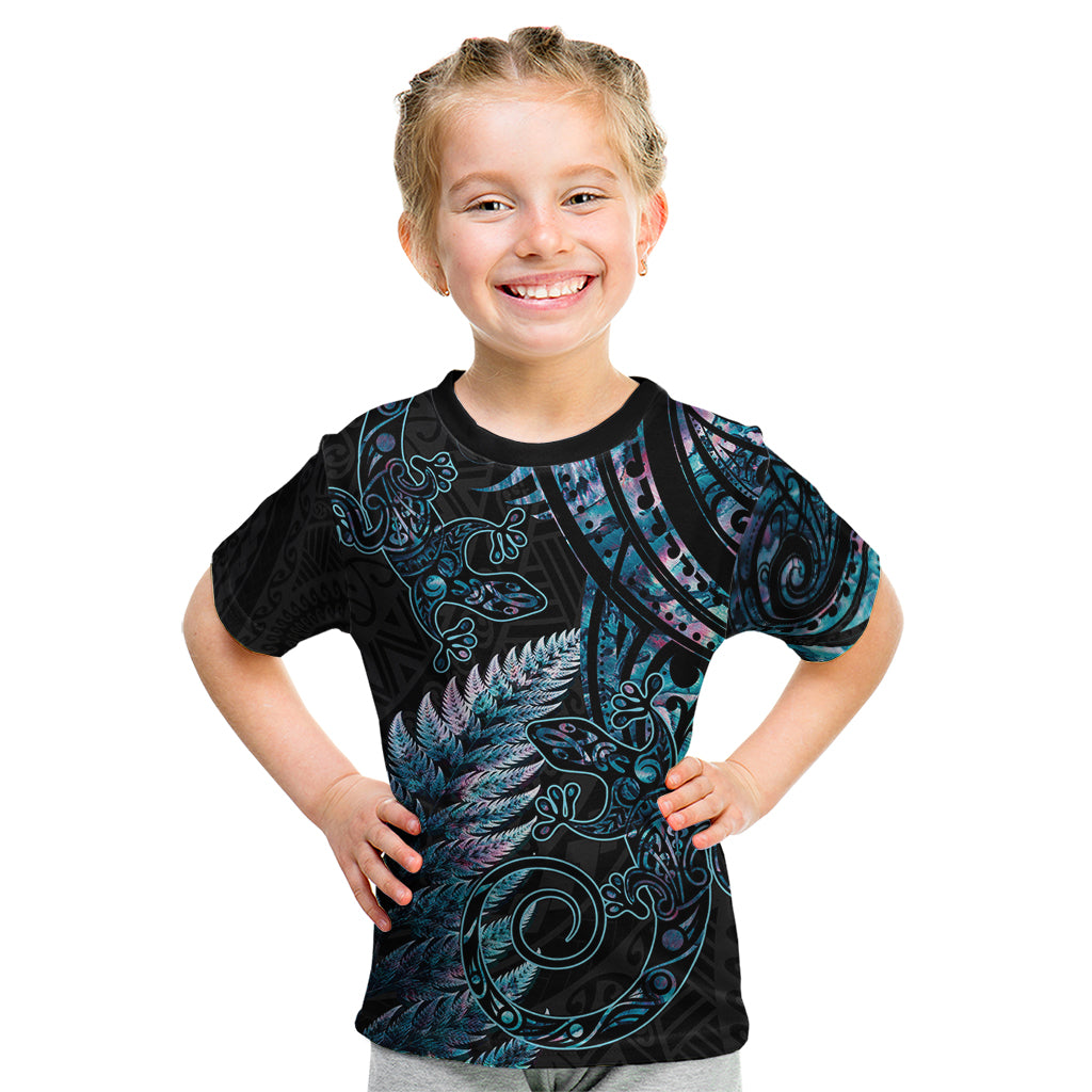 New Zealand Lizard Kid T Shirt Silver Fern Aotearoa Maori With Paua Shell