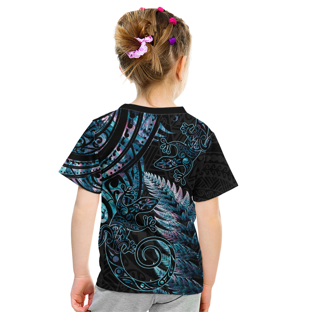 New Zealand Lizard Kid T Shirt Silver Fern Aotearoa Maori With Paua Shell