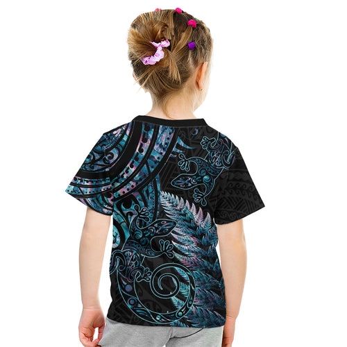 New Zealand Lizard Kid T Shirt Silver Fern Aotearoa Maori With Paua Shell