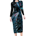 New Zealand Lizard Long Sleeve Bodycon Dress Silver Fern Aotearoa Maori With Paua Shell