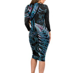 New Zealand Lizard Long Sleeve Bodycon Dress Silver Fern Aotearoa Maori With Paua Shell