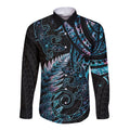 New Zealand Lizard Long Sleeve Button Shirt Silver Fern Aotearoa Maori With Paua Shell