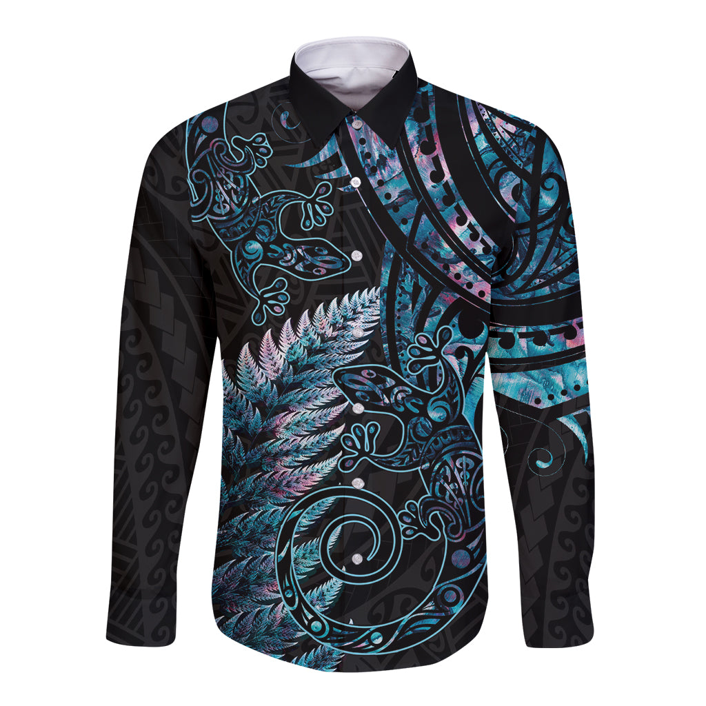 New Zealand Lizard Long Sleeve Button Shirt Silver Fern Aotearoa Maori With Paua Shell