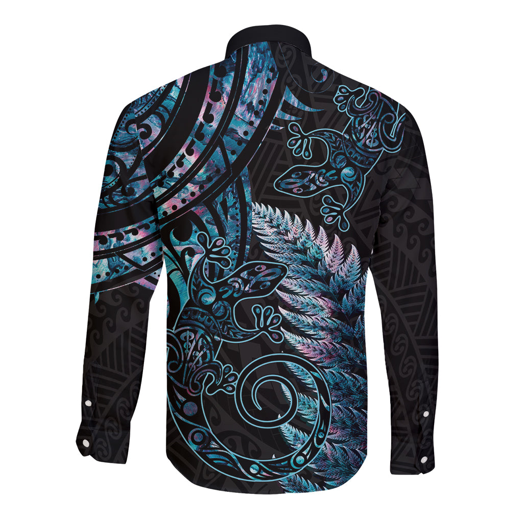 New Zealand Lizard Long Sleeve Button Shirt Silver Fern Aotearoa Maori With Paua Shell
