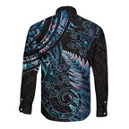 New Zealand Lizard Long Sleeve Button Shirt Silver Fern Aotearoa Maori With Paua Shell
