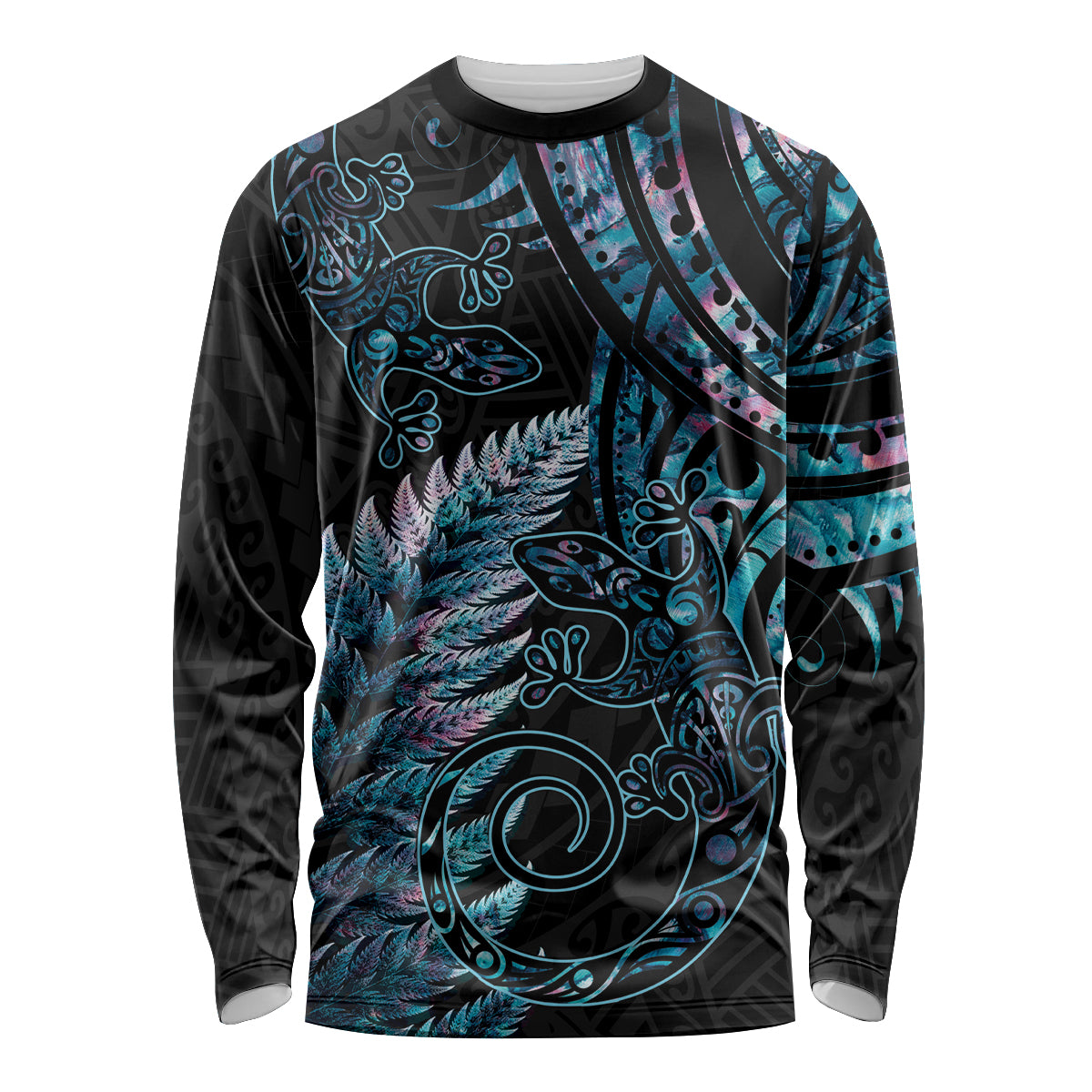 New Zealand Lizard Long Sleeve Shirt Silver Fern Aotearoa Maori With Paua Shell