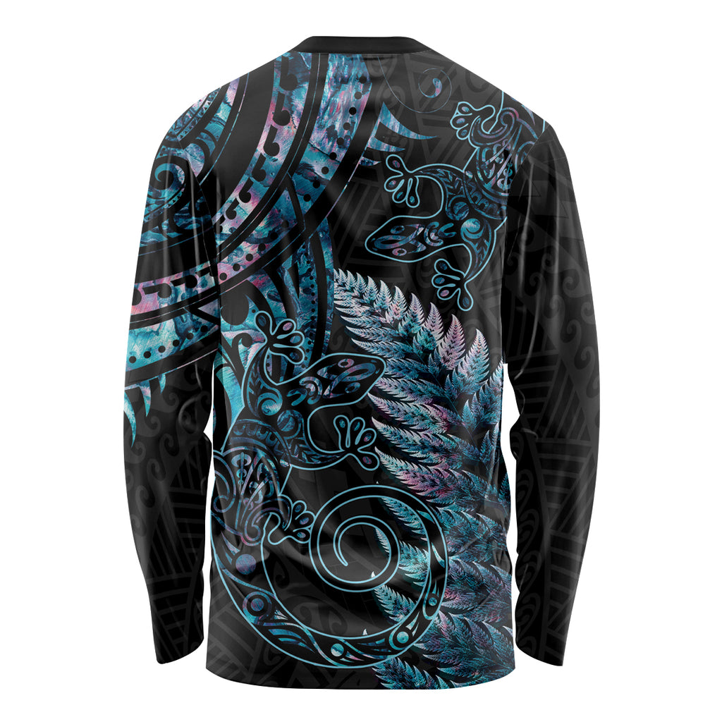 New Zealand Lizard Long Sleeve Shirt Silver Fern Aotearoa Maori With Paua Shell