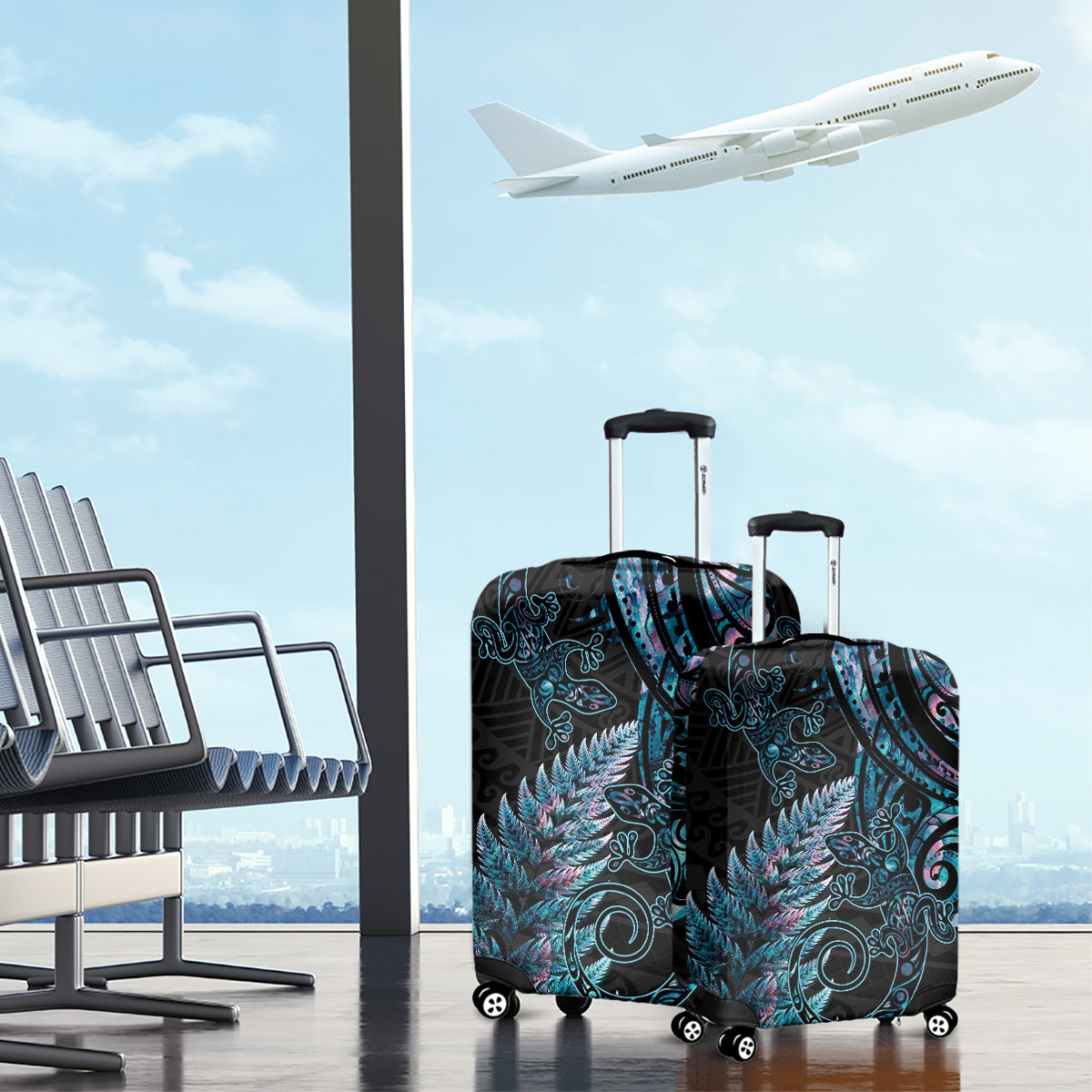 New Zealand Lizard Luggage Cover Silver Fern Aotearoa Maori With Paua Shell