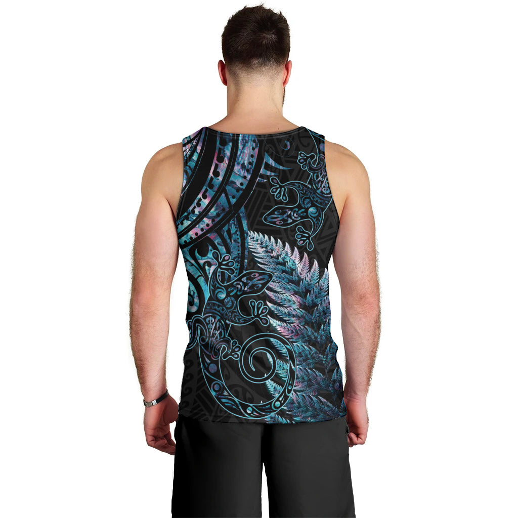 New Zealand Lizard Men Tank Top Silver Fern Aotearoa Maori With Paua Shell