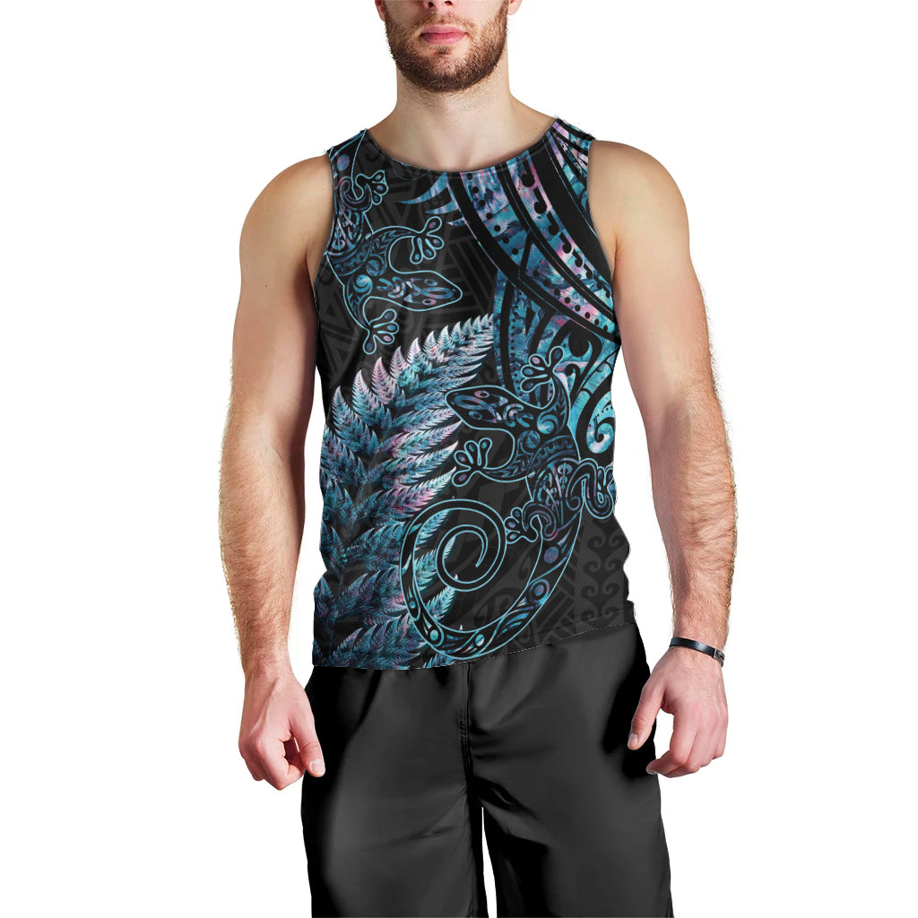 New Zealand Lizard Men Tank Top Silver Fern Aotearoa Maori With Paua Shell