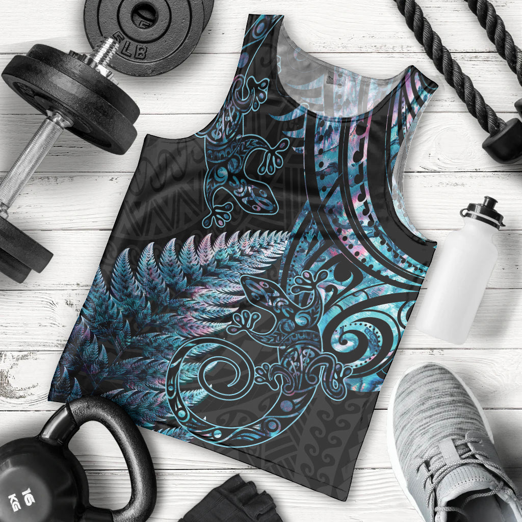 New Zealand Lizard Men Tank Top Silver Fern Aotearoa Maori With Paua Shell