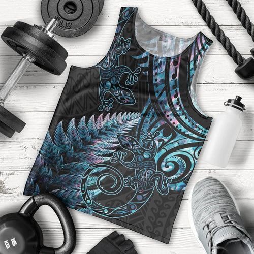 New Zealand Lizard Men Tank Top Silver Fern Aotearoa Maori With Paua Shell