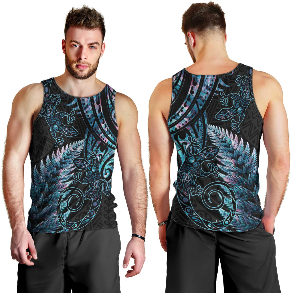 New Zealand Lizard Men Tank Top Silver Fern Aotearoa Maori With Paua Shell