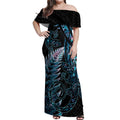 New Zealand Lizard Off Shoulder Maxi Dress Silver Fern Aotearoa Maori With Paua Shell